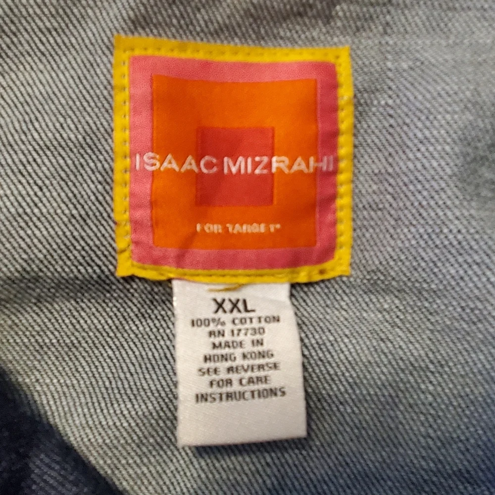 Issac Mizrahi Size XXL 2-pocket denim jacket, distressing & colorful stitching - Picture 2 of 9